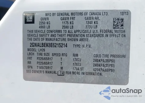 2014 Chevrolet Equinox 1Lt z USA, uszkodzony, nr VIN 2GNALBEK8E6215214